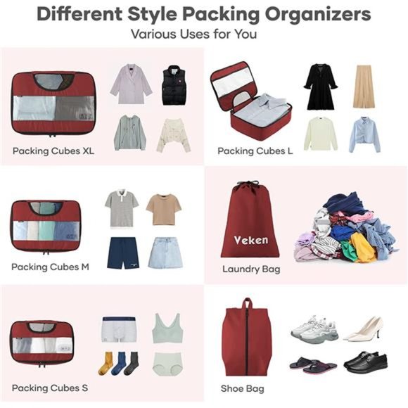 6 Pc Set Packing Cubes Luggage Packing Organizers for Travel Accessories - Picture 3 of 7